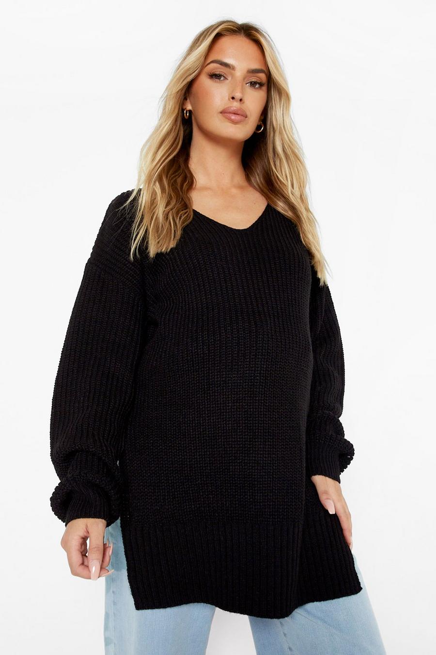 Black Maternity V-Neck Side Split Sweater image number 1