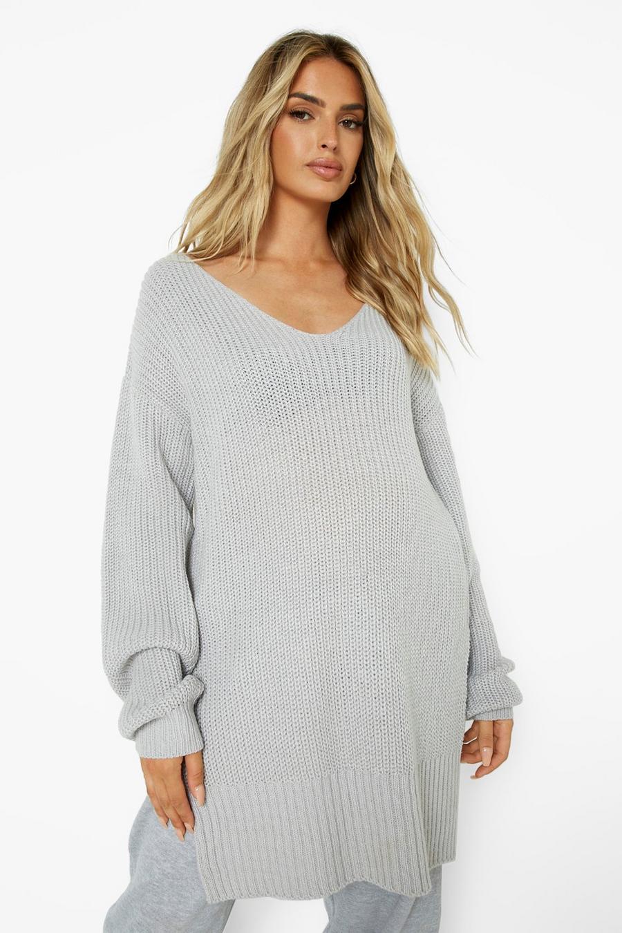 Light grey Maternity V-Neck Side Split Sweater image number 1