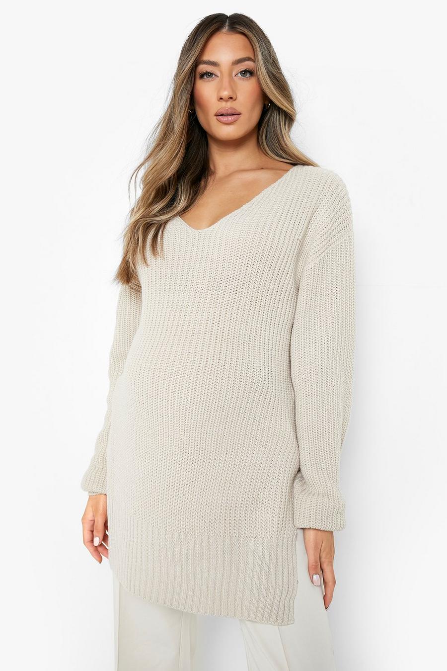 Stone beige Maternity V-Neck Side Split Sweater