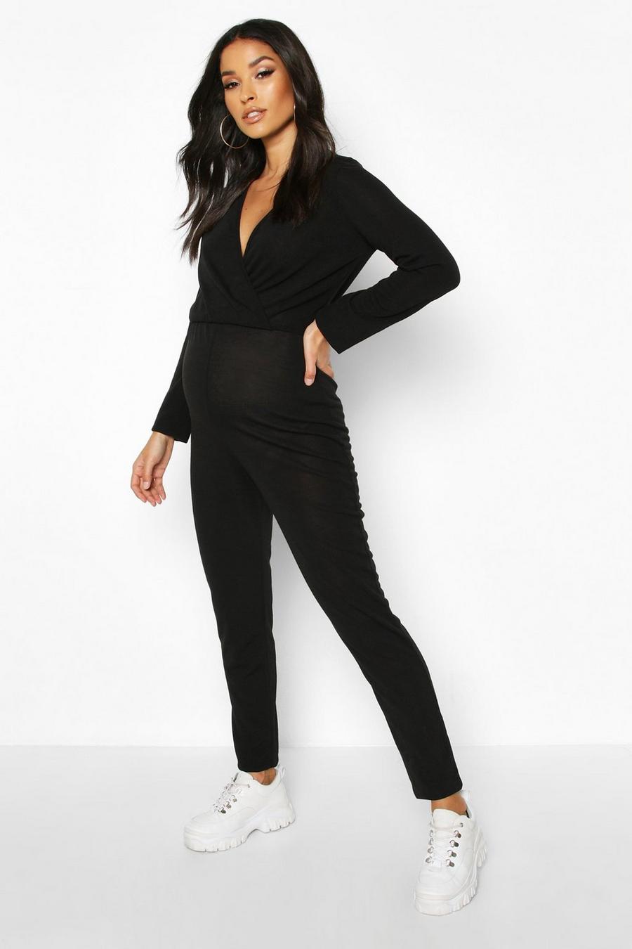 Black Maternity Wrap Lounge Jumpsuit image number 1