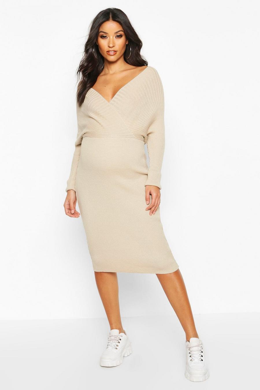 Oatmeal Maternity Wrap Top Knitted Dress image number 1