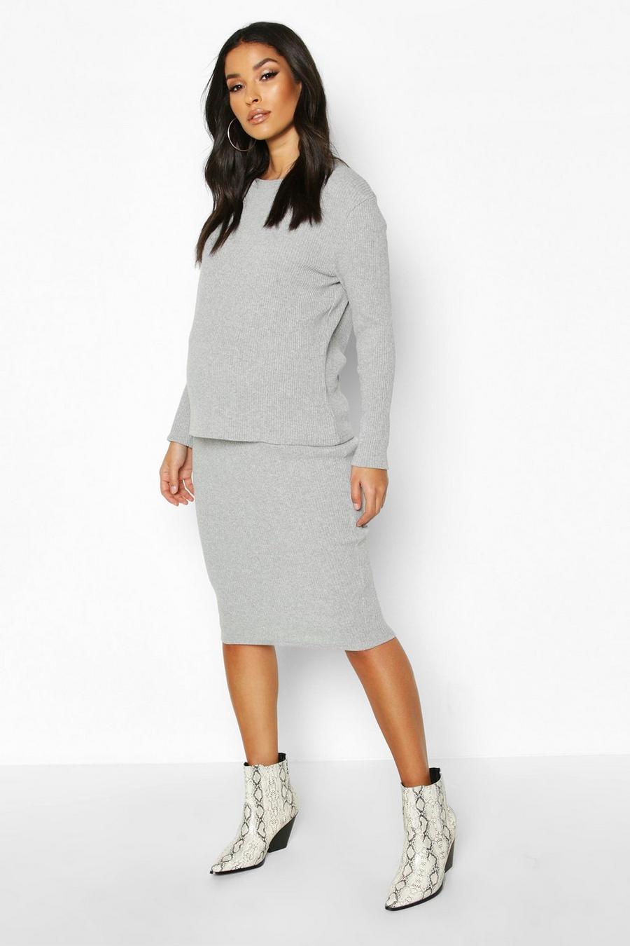 Light grey Maternity Knitted Rib Midi Skirt Co-Ord Set