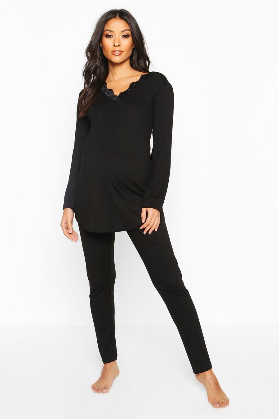 Black Maternity Lace Trim PJ Trouser Set image number 1