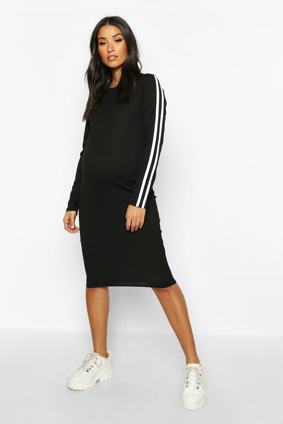 Black Maternity Long Sleeve Stripe Rib Bodycon Dress image number 1
