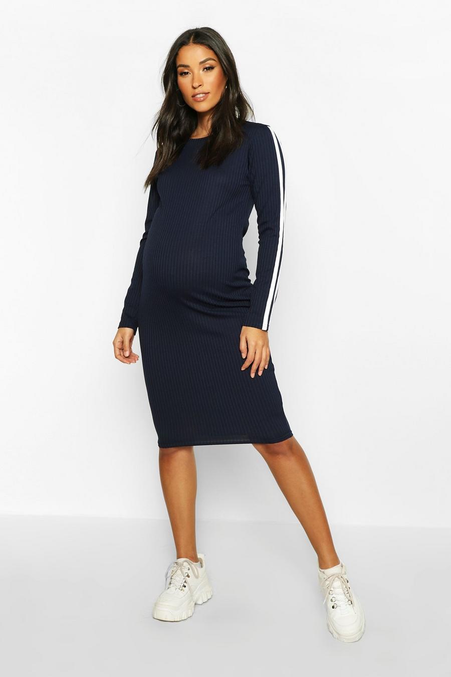 Navy Maternity Long Sleeve Stripe Rib Bodycon Dress image number 1