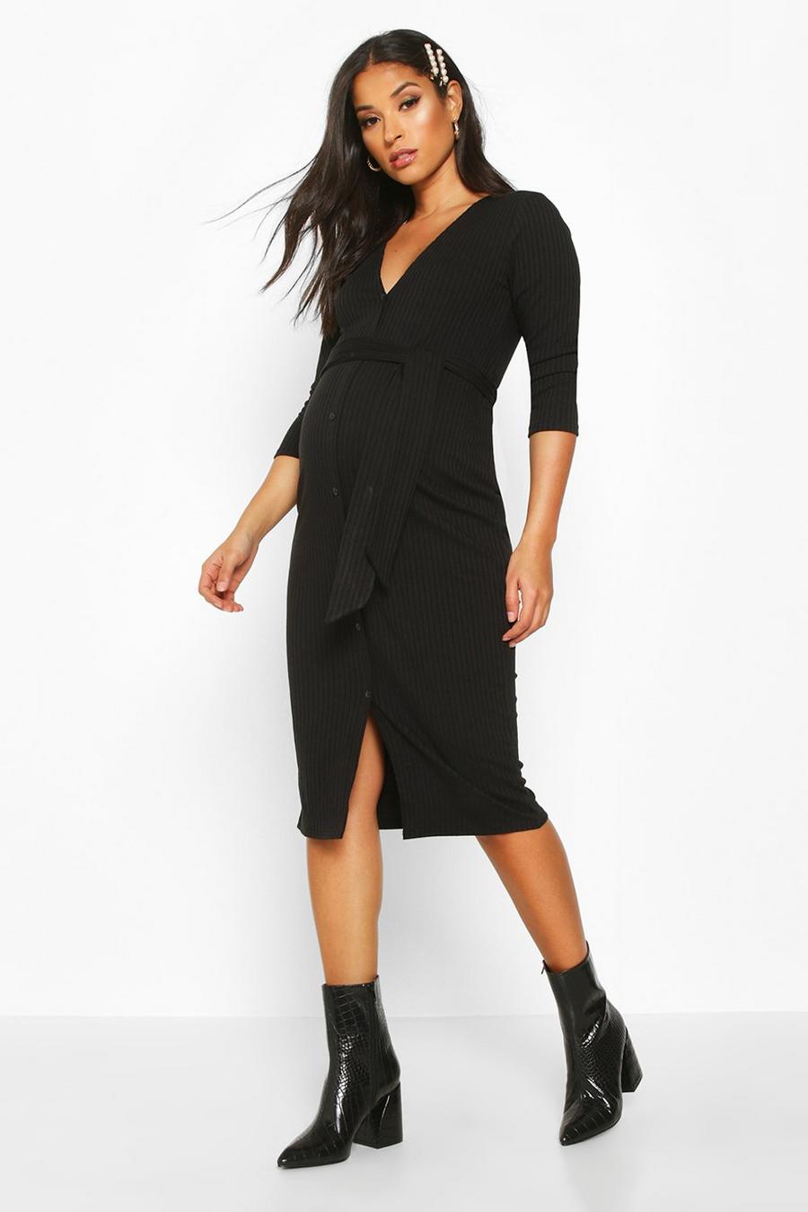 Black Maternity Button Front Tie Waist Midi Dress image number 1