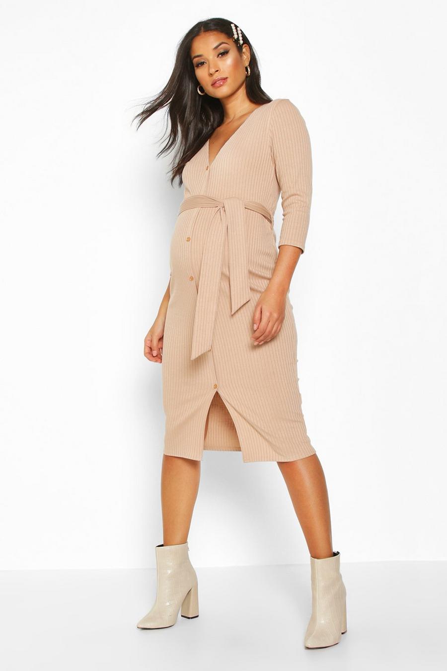 Sand Maternity Button Front Tie Waist Midi Dress image number 1
