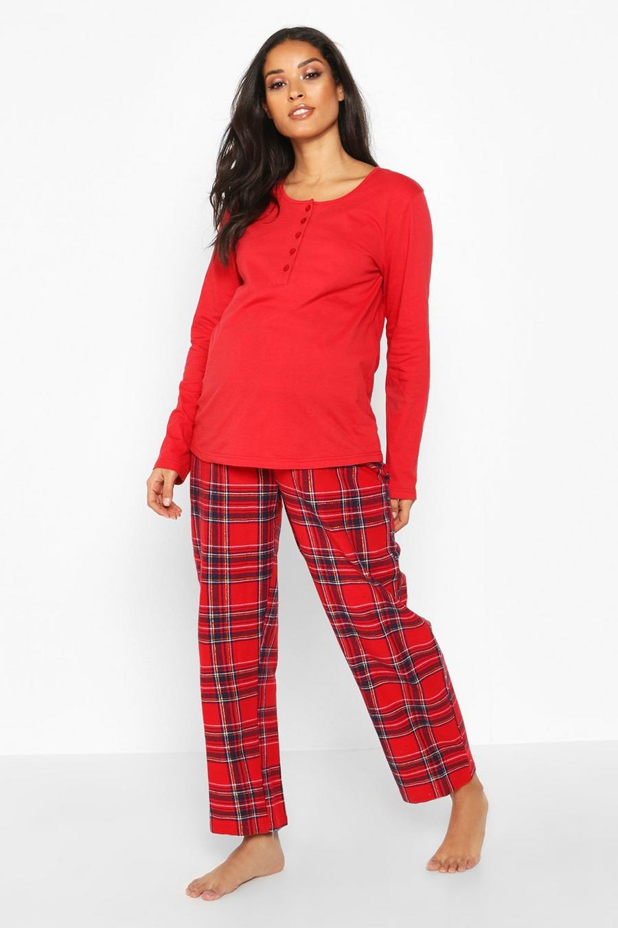 Red Maternity Christmas Check Pyjama Trouser Set image number 1