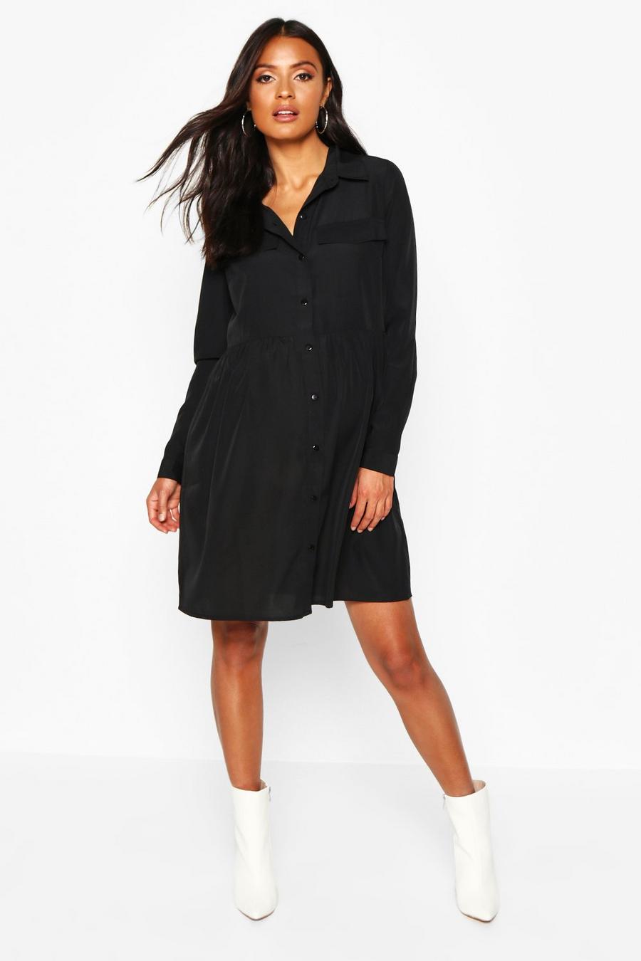 שחור שמלת חולצה סמוק ארוגה עם כפתורים בחזית בגדי היריון image number 1