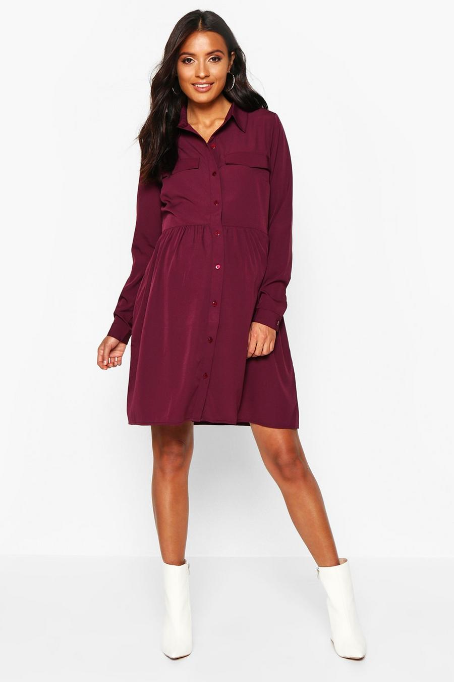 Wine Maternity Button Front Woven Smock Shirt Dress image number 1
