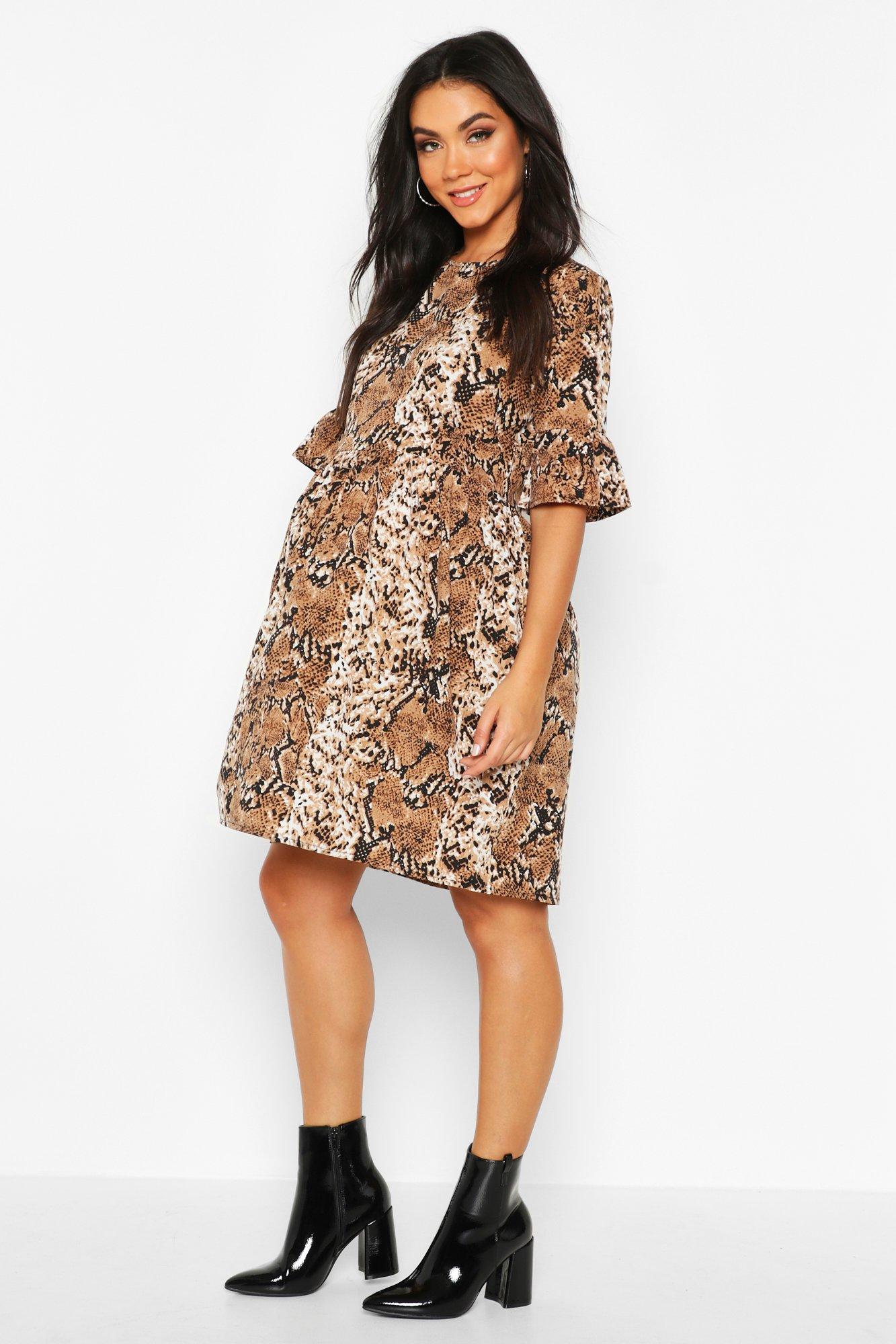Maternity Snake Print Woven Smock Dress