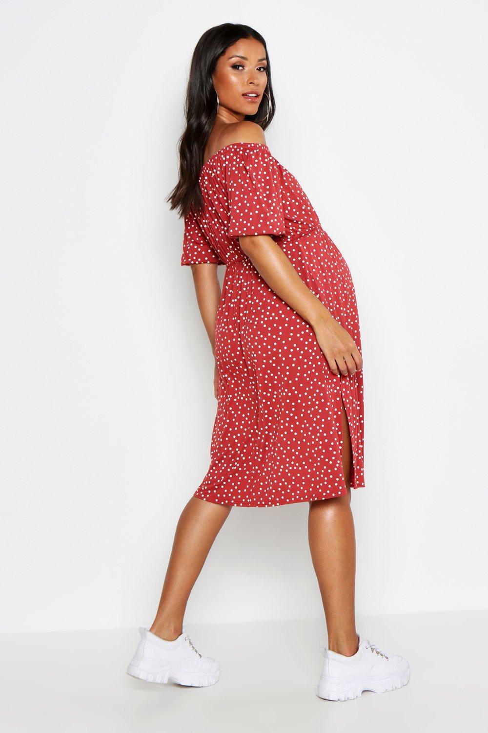 Women s Maternity Off Shoulder Polka Dot Midi Dress Boohoo UK