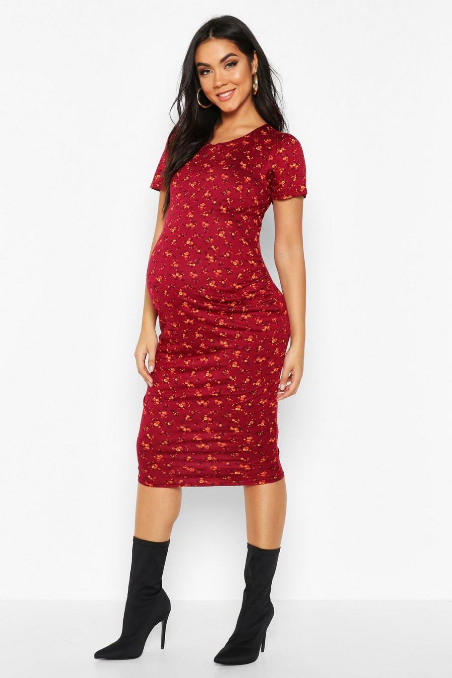 Wine Maternity Ditzy Floral Midi Bodycon Dress image number 1