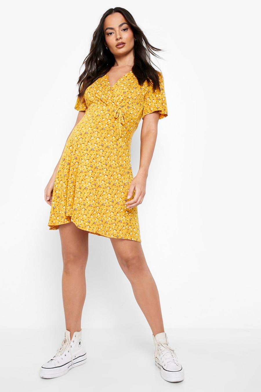 Mustard yellow Maternity Ditsy Floral Wrap Dress image number 1