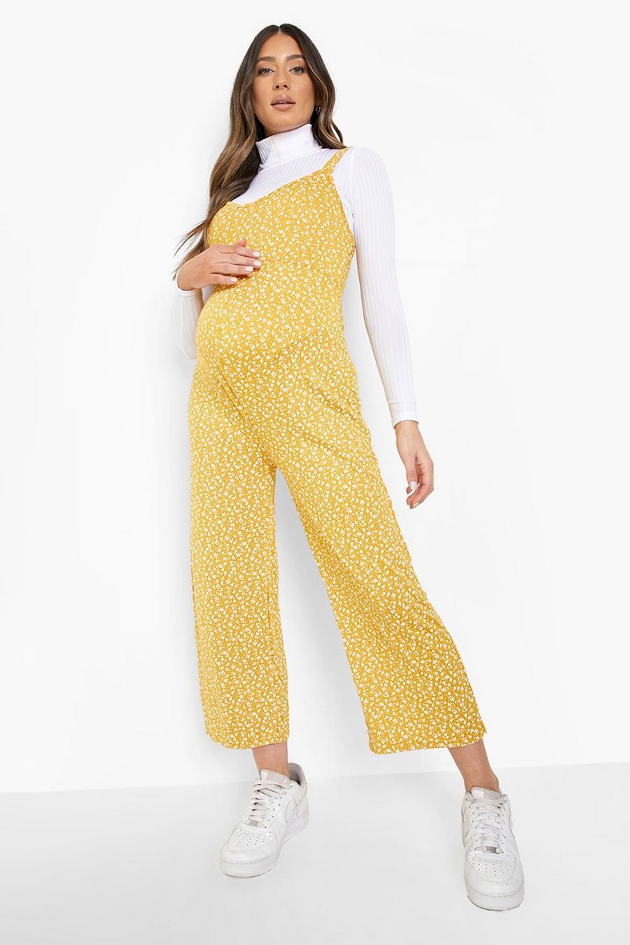 Tuta intera premaman con pantaloni culottes a fiorellini, Mustard giallo image number 1