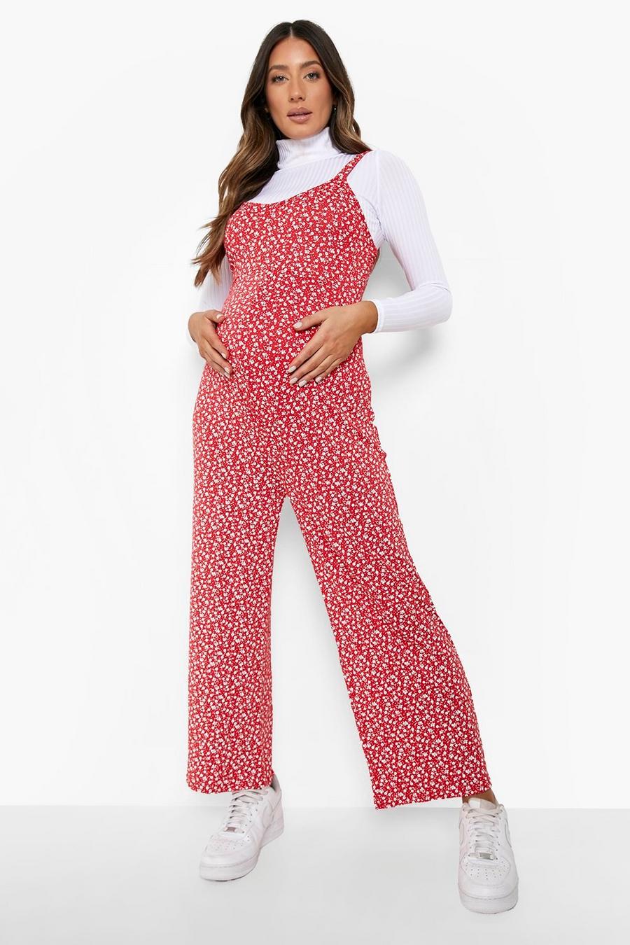 Red Maternity Ditsy Floral Culotte Jumpsuit image number 1