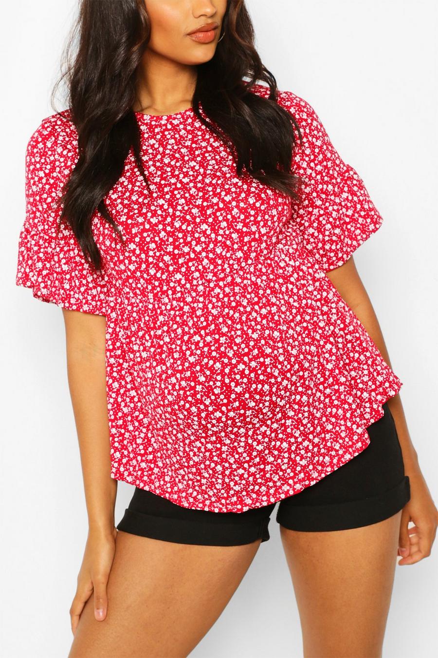 Red Maternity Ditsy Floral Smock Top image number 1