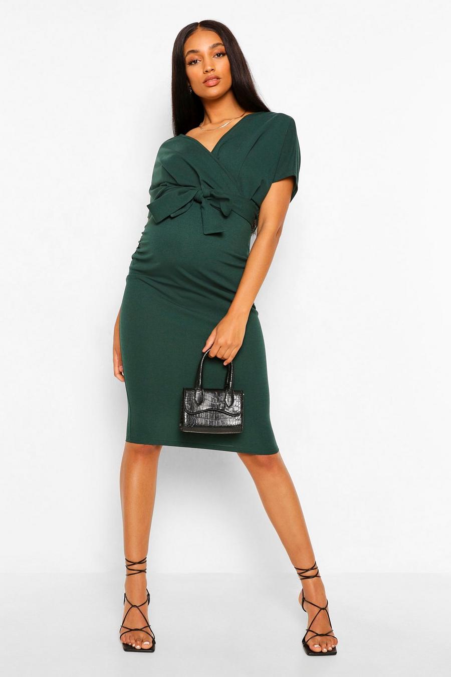 Emerald Maternity Wrap Tie Waist Midi Bodycon Dress image number 1