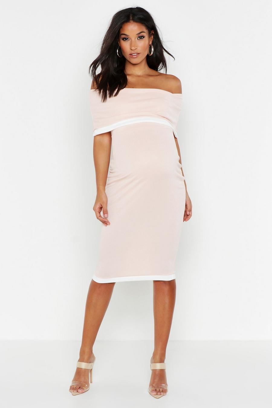 Nude Maternity Off The Shoulder Contrast Bodycon Dress image number 1