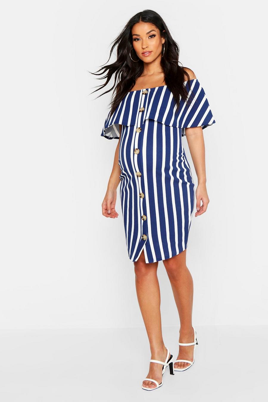 Maternity Off The Shoulder Stripe Button Bodycon Dress image number 1