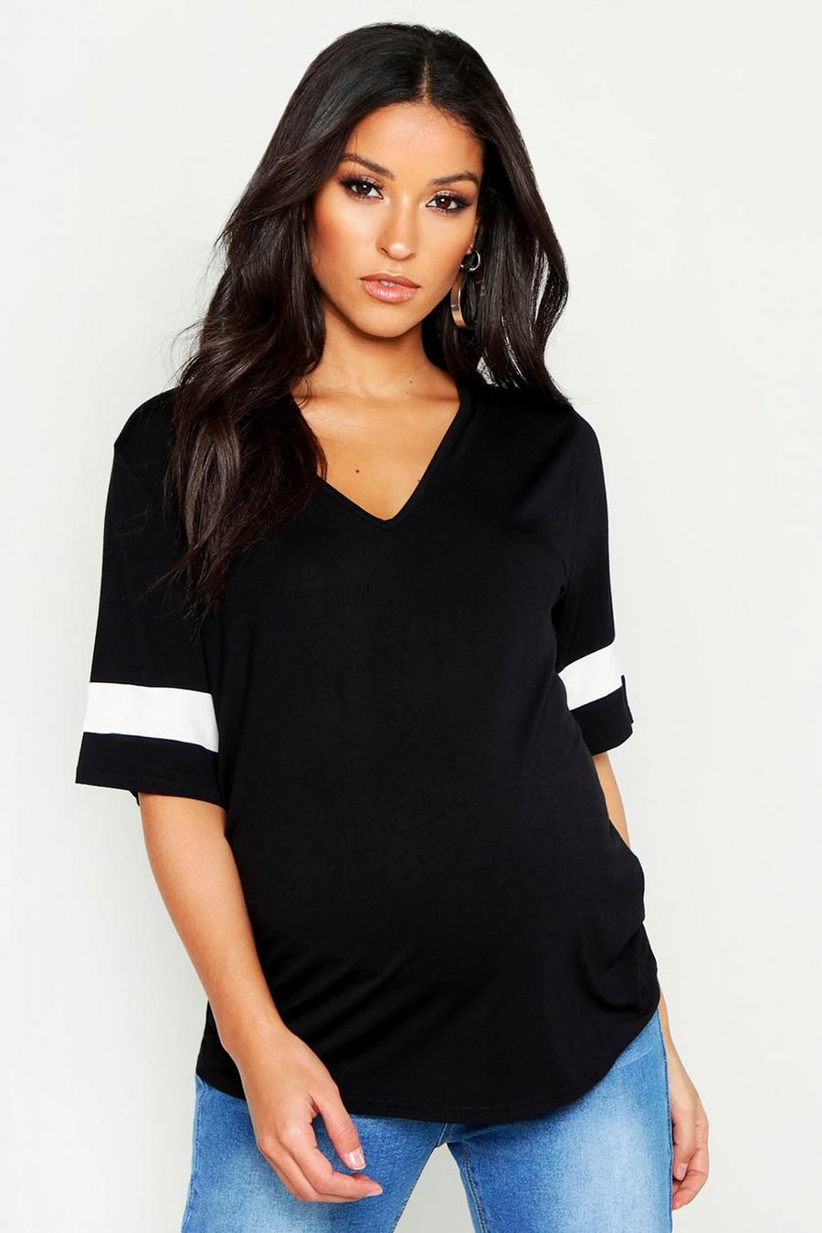 Black Maternity Sports Stripe Oversized T Shirt image number 1