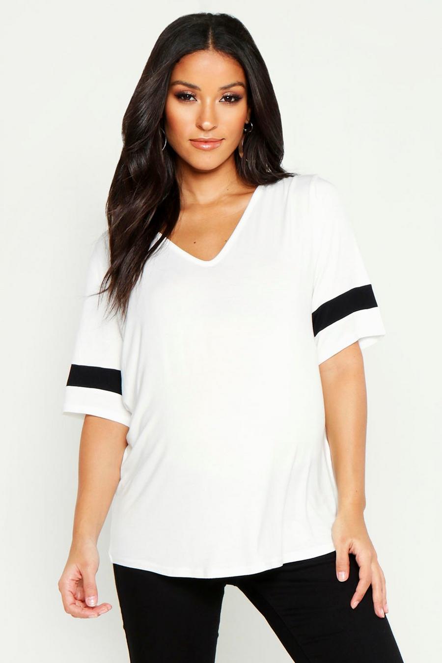 White Maternity Sports Stripe Oversized T Shirt image number 1