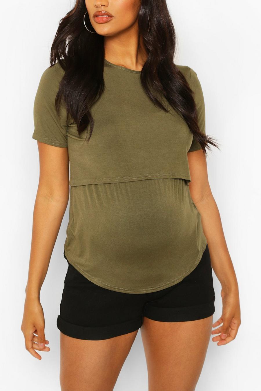 Khaki Maternity Double Layer Nursing T Shirt image number 1