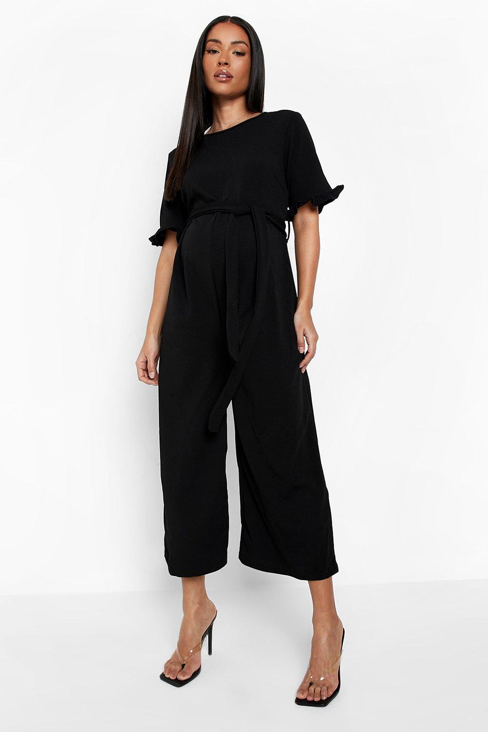 Black Maternity Tie Waist Ruffle Culotte Jumpsuit