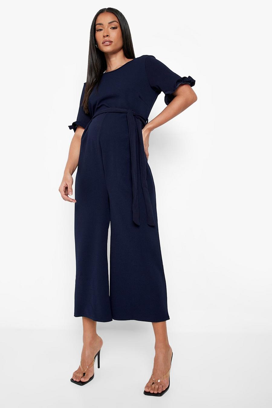 Navy Maternity Tie Waist Ruffle Culotte Jumpsuit image number 1