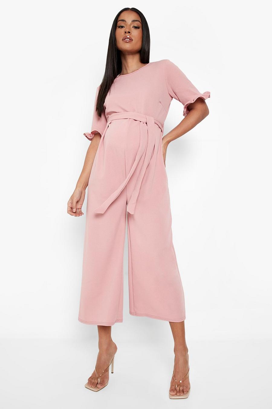 Rose pink Maternity Tie Waist Ruffle Culotte Jumpsuit image number 1