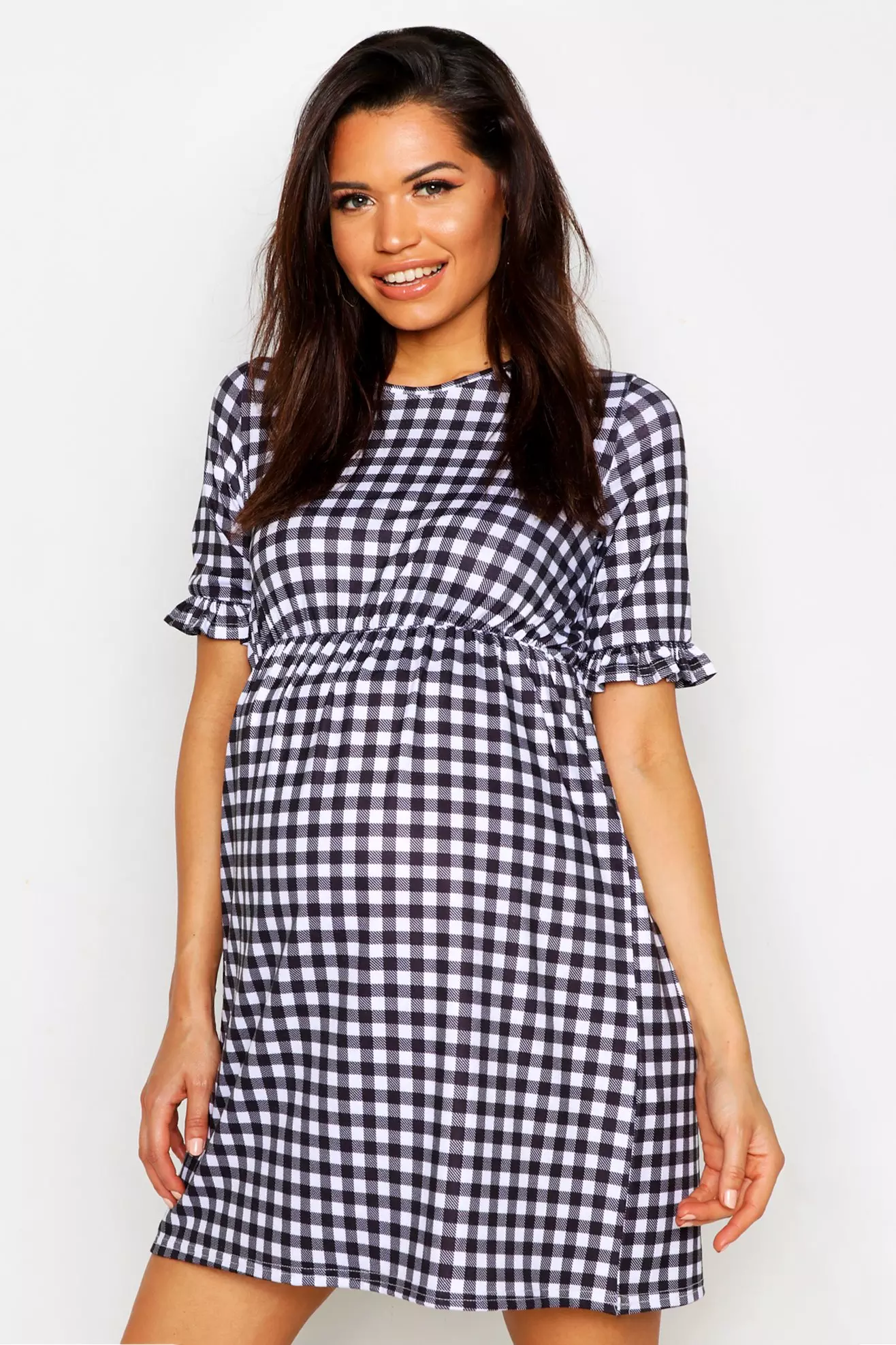 Red and black store plaid maternity dress