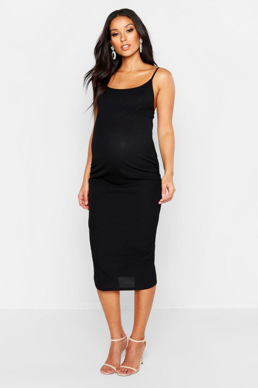 Black Maternity Strappy Rib Bodycon Midi Dress image number 1