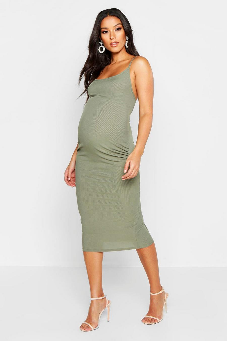 Khaki Maternity Strappy Rib Bodycon Midi Dress image number 1