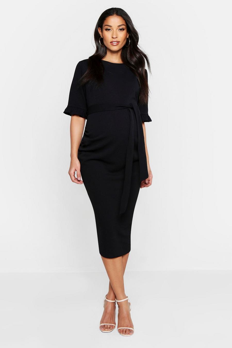 Black Maternity Ruffle Midi Bodycon Dress image number 1