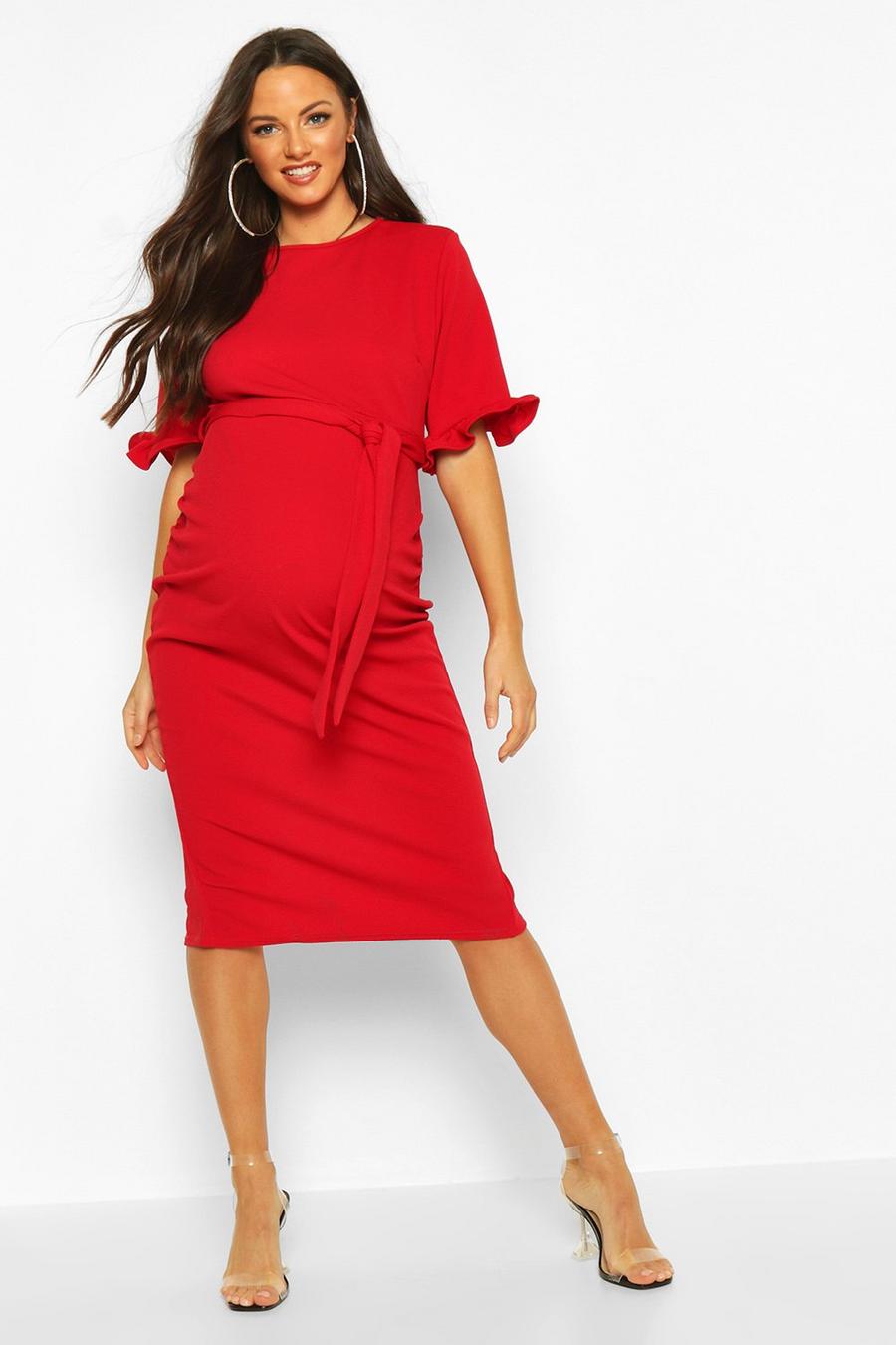 Red Maternity Ruffle Midi Bodycon Dress image number 1