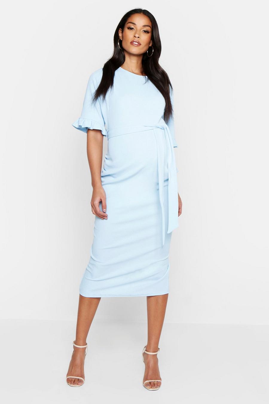 Sky blue Maternity Ruffle Midi Bodycon Dress