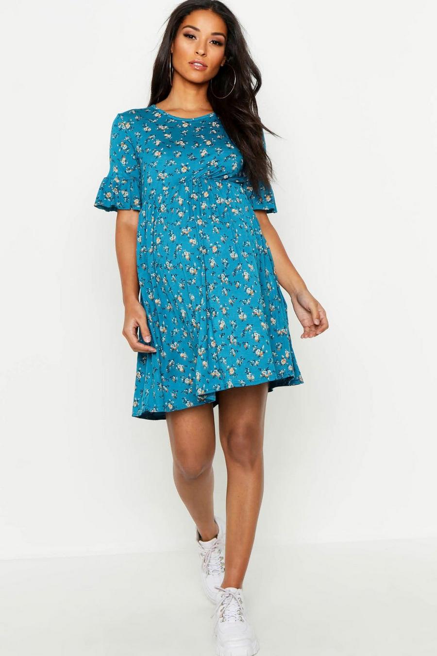 Teal green Maternity Floral Frill Sleeve Smock Dress