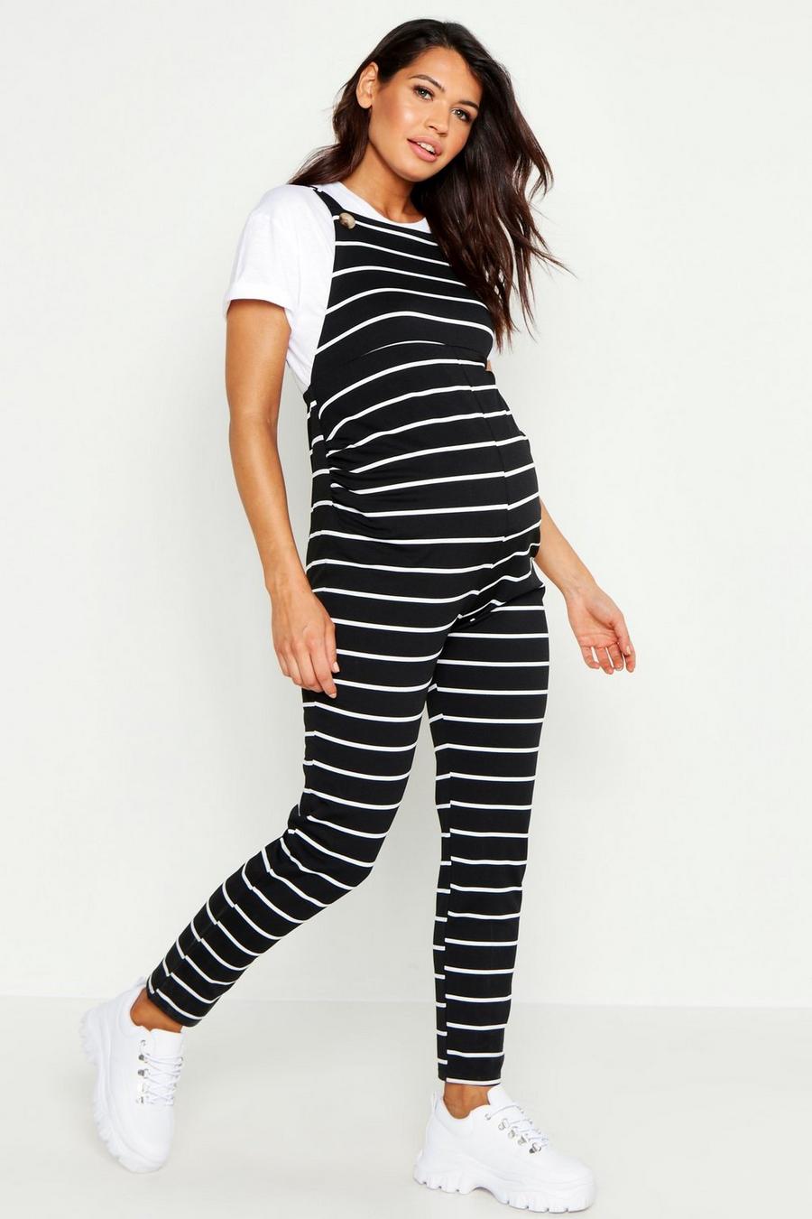Black Maternity Jersey Knit Stripe Overalls image number 1