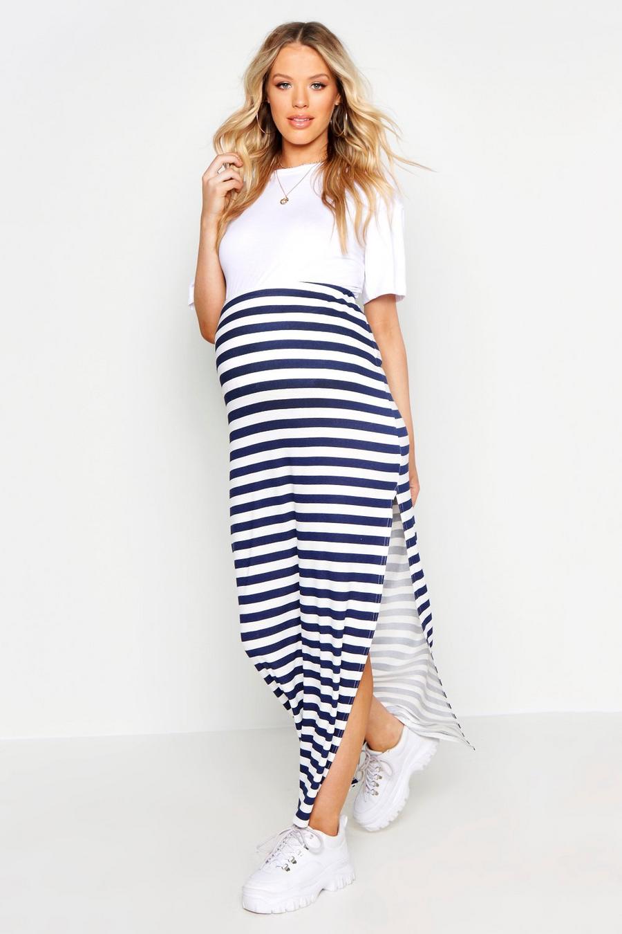 Navy Maternity Stripe Maxi Skirt image number 1