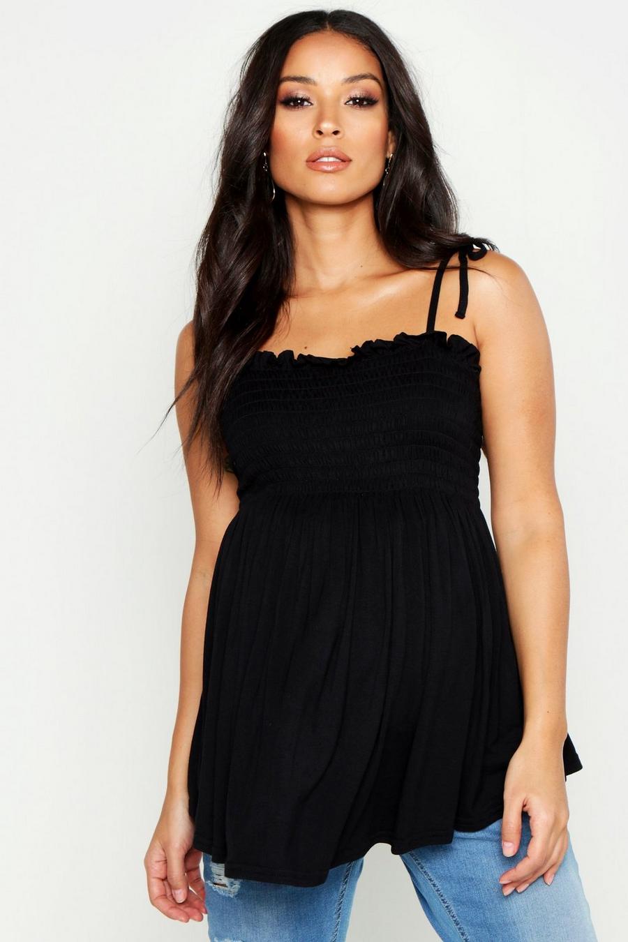 Black Maternity Tie Strap Shirred Camisole image number 1