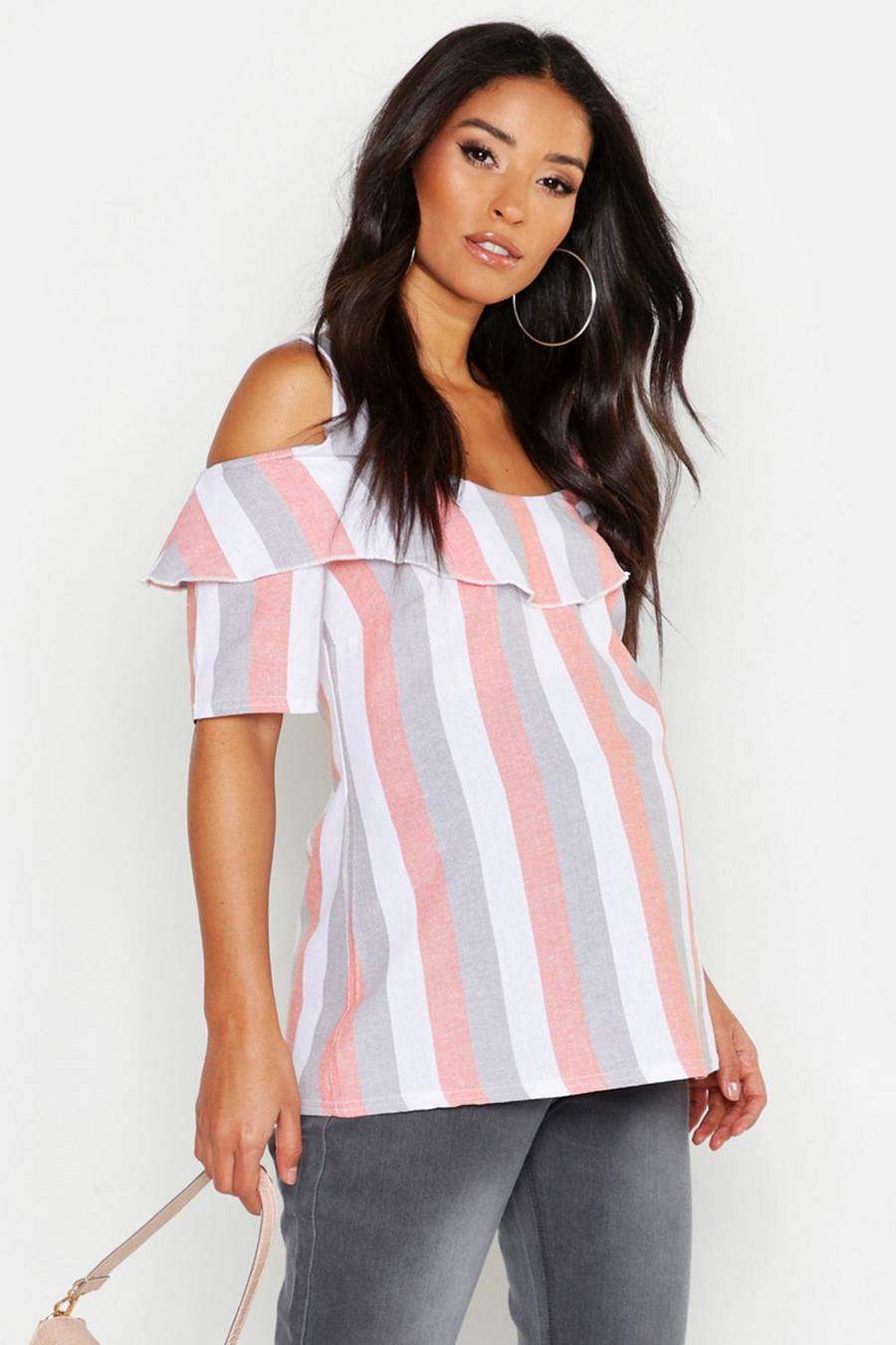 Maternity Linen Cold Shoulder Ruffle Top image number 1