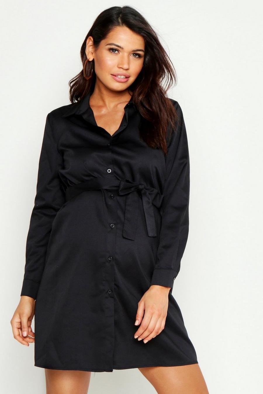 Black Maternity Tie Waist Tunic Shirt Dress image number 1