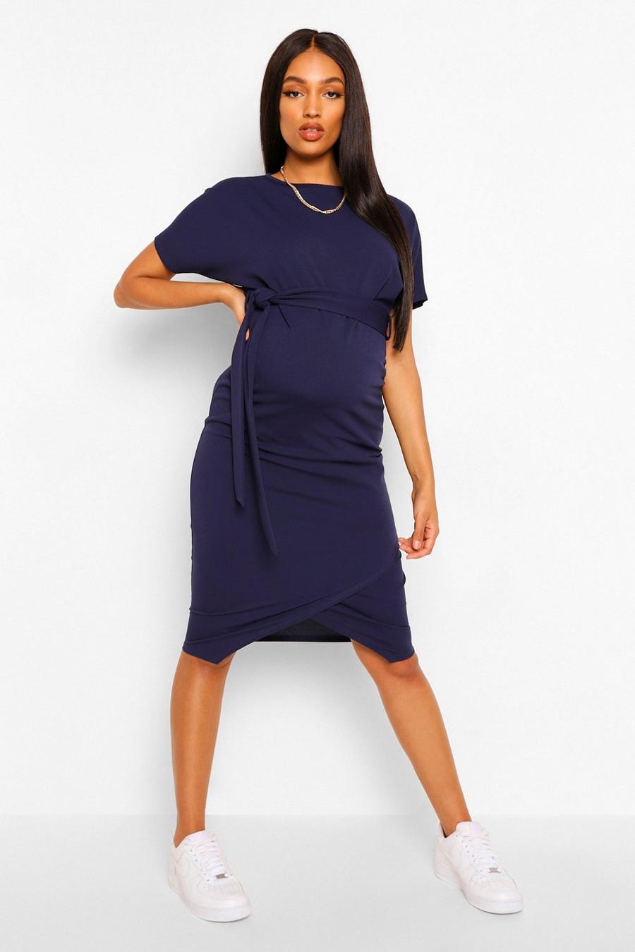 Navy Maternity Tie Waist Batwing Midi Dress image number 1