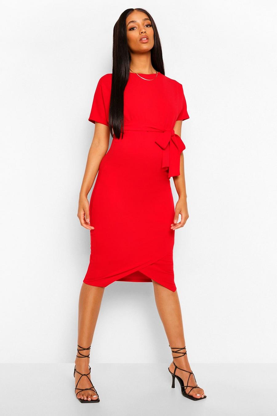 Red Maternity Tie Waist Batwing Midi Dress image number 1
