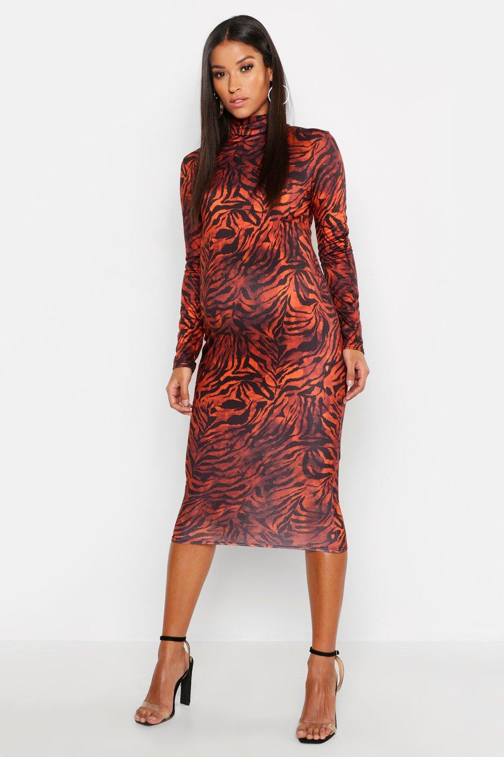 tiger high neck midi dress