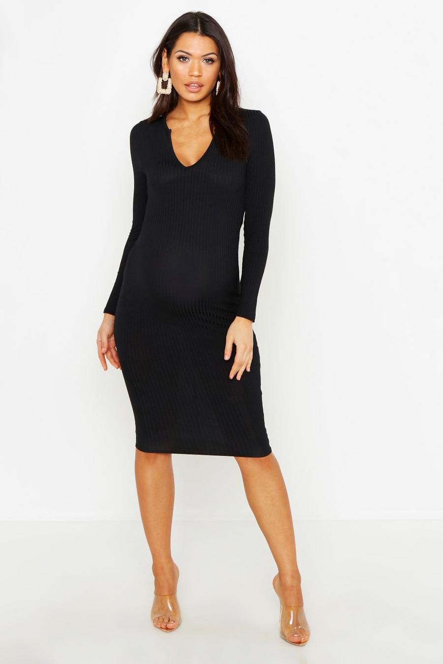 Black Maternity Long Sleeved Notch Midi Dress image number 1