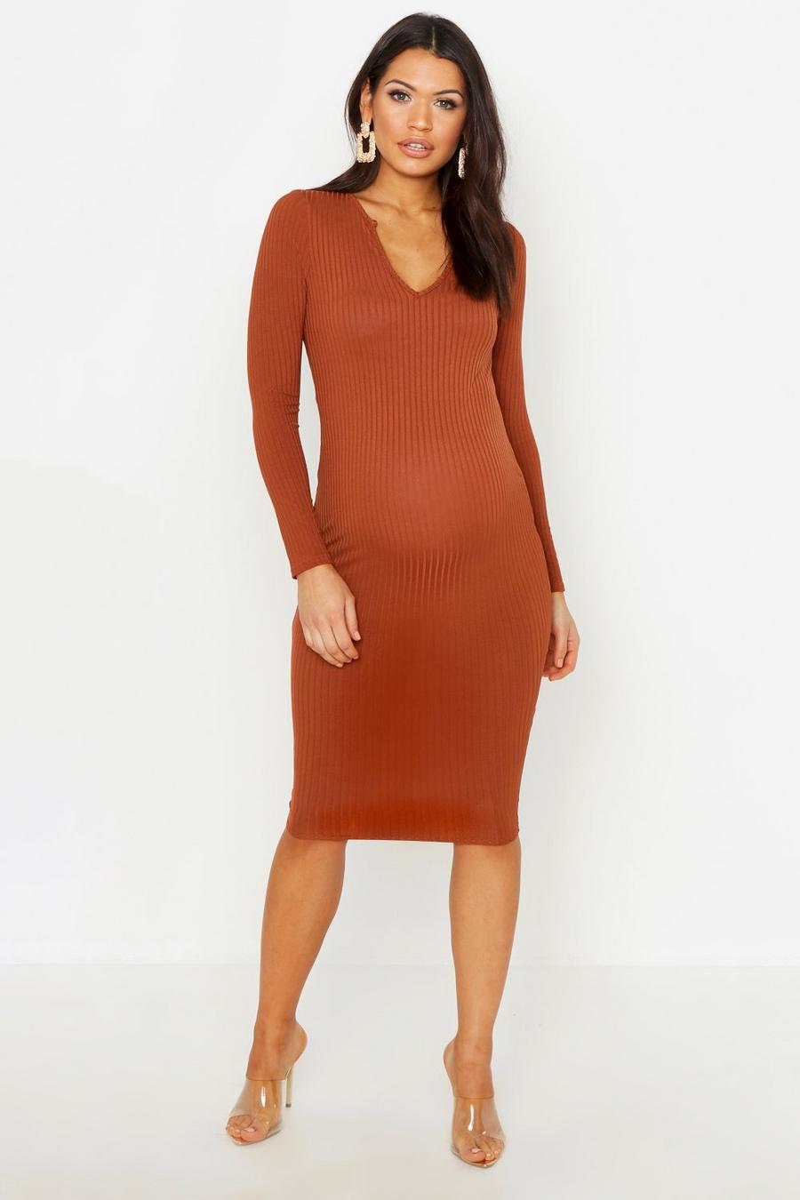Caramel Maternity Long Sleeved Notch Midi Dress image number 1