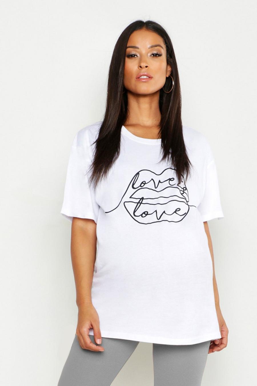 Umstandsmode T-Shirt mit „Love Is Love“-Slogan und Lippenmotiv, Weiß image number 1