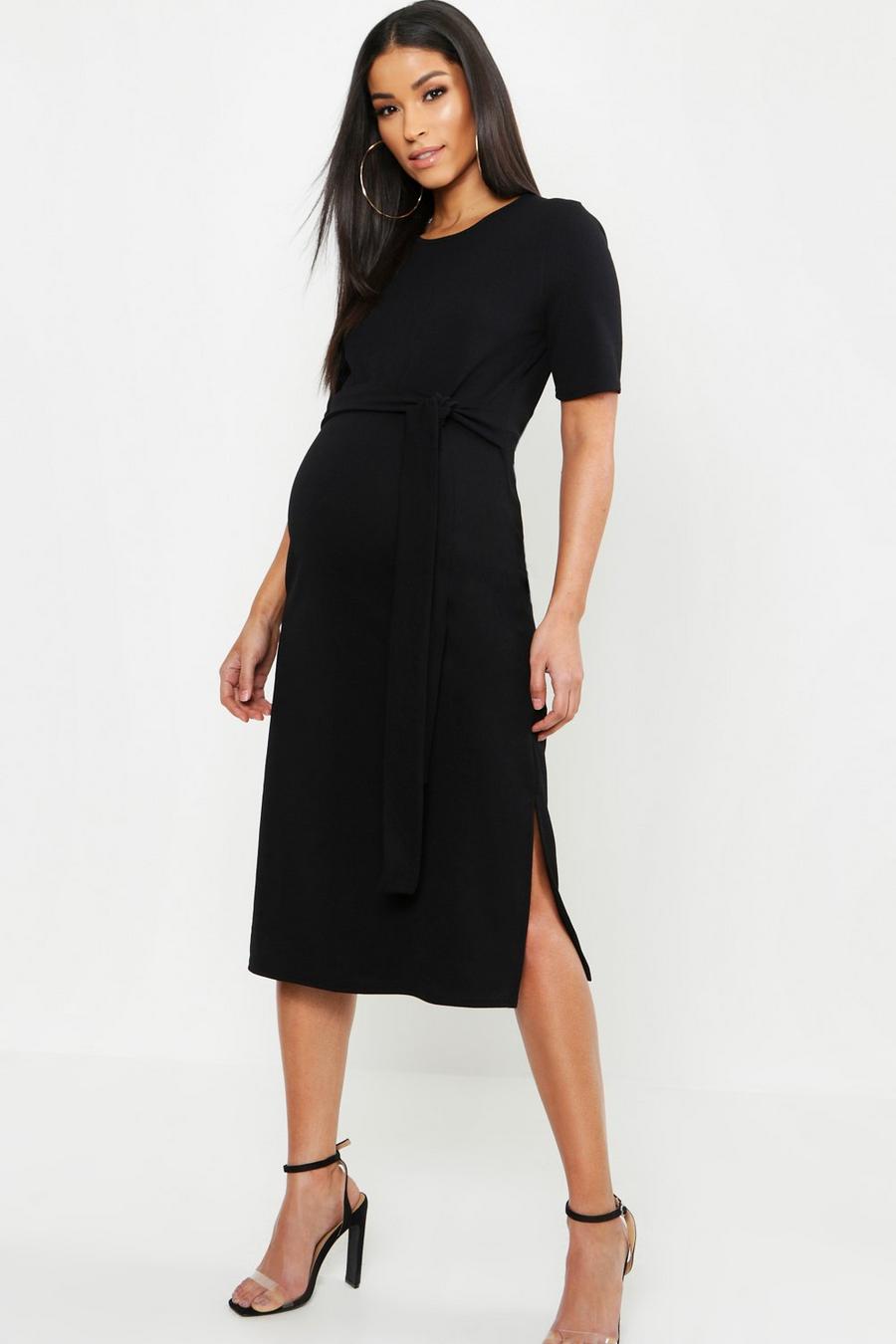 Black Maternity Tie Front Midi Dress image number 1