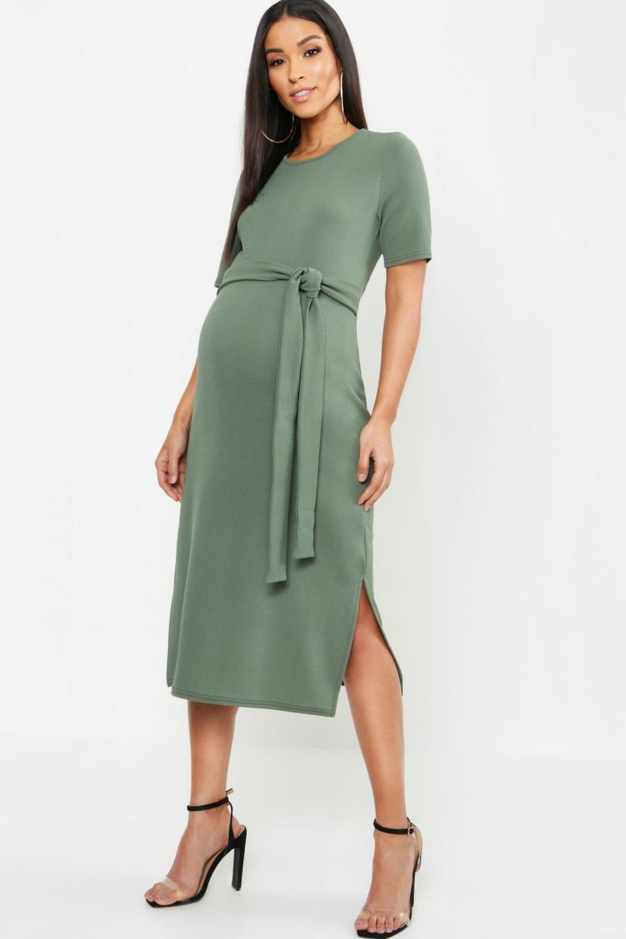 Khaki Maternity Tie Front Midi Dress image number 1